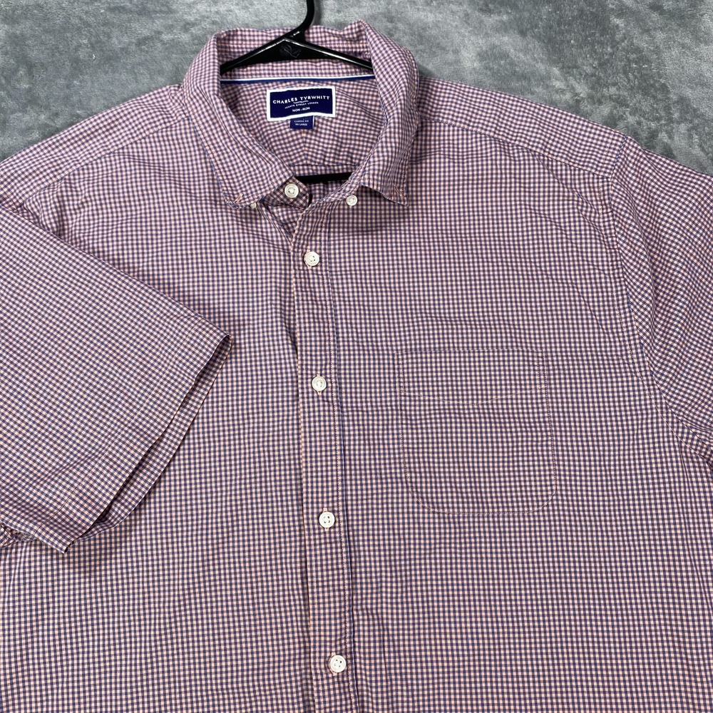 Charles Tyrwhitt Shirt Mens 2XL Plaid Check Non Iron Classic Fit Short Sleeve